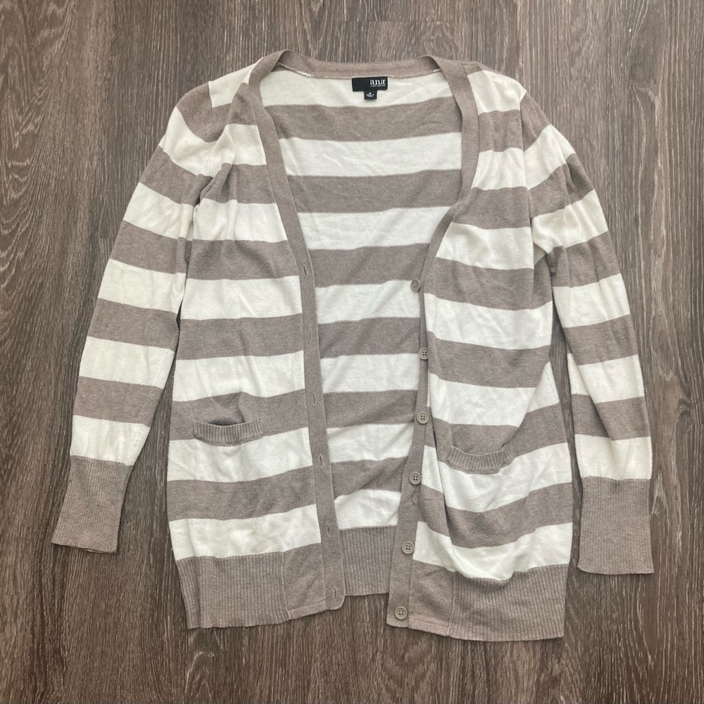 ana Women's Button up Long Cardigan Cream Brown Striped Knit Sweater M
